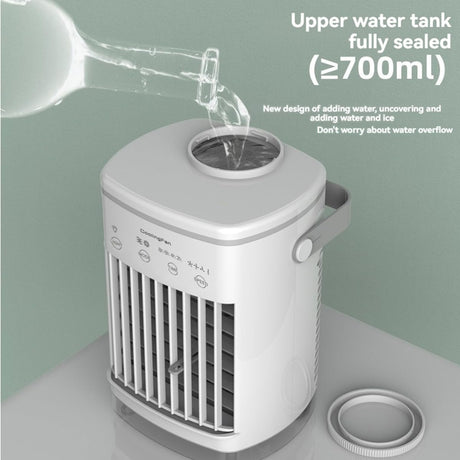 Compact air cooler beside a bed showing timer and speed controls