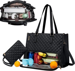 Black cooler bag with padded laptop compartment for work commutes