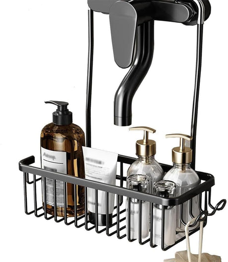 Black aluminium hanging shower basket with side hooks, shown mounted over a shower faucet