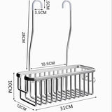 Front view of black aluminium hanging shower basket holding shampoo and conditioner bottles
