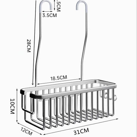 Front view of black aluminium hanging shower basket holding shampoo and conditioner bottles