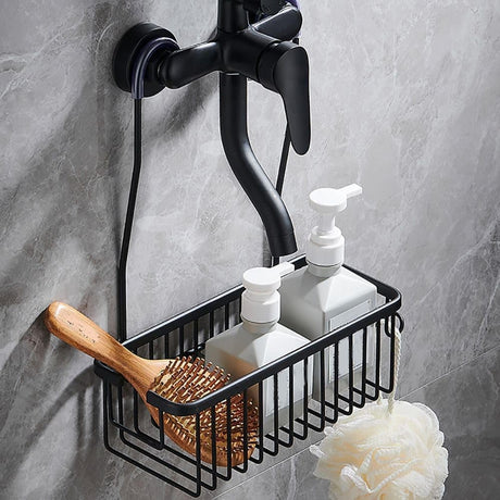 Side profile of hanging shower basket showing 9.6 cm raised edges and black finish