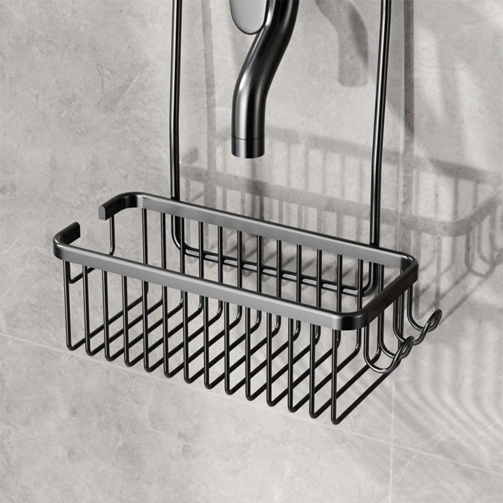 Integrated side hooks on the shower basket holding a razor and shower puff