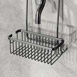 Integrated side hooks on the shower basket holding a razor and shower puff