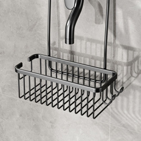 Integrated side hooks on the shower basket holding a razor and shower puff