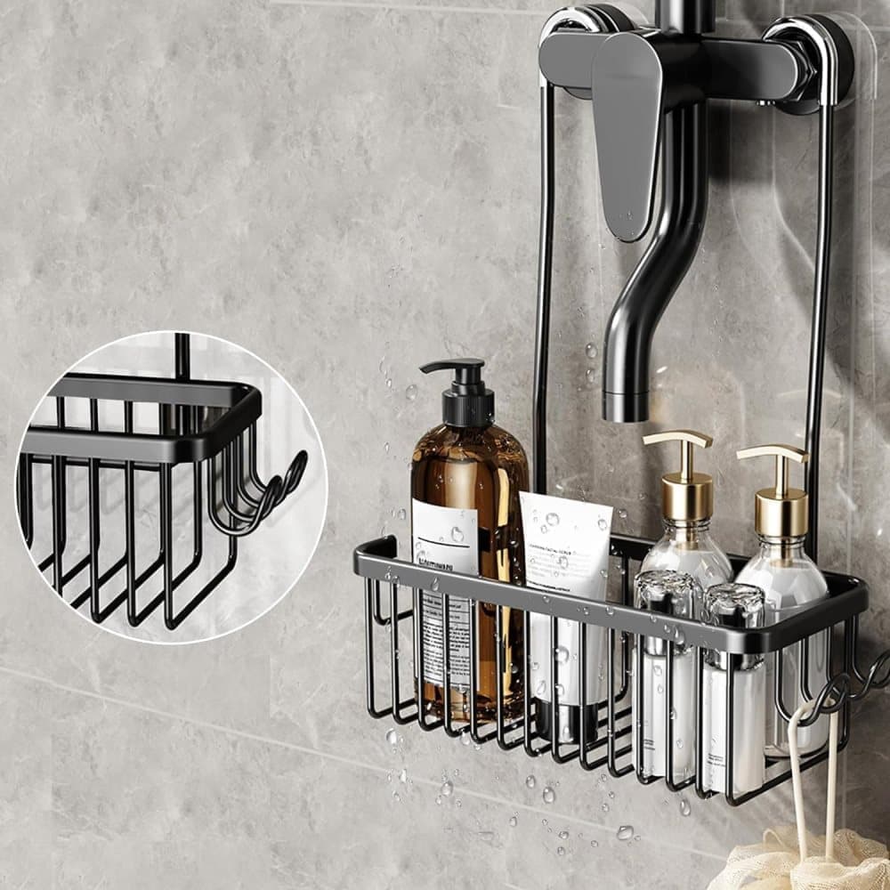 No drill hanging shower basket hooked over a mixer arm in a tiled shower