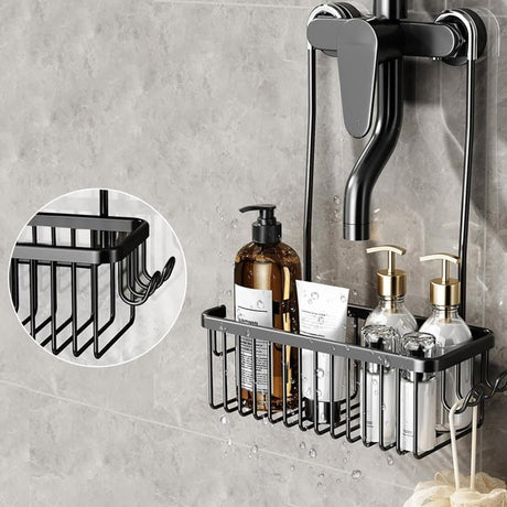 No drill hanging shower basket hooked over a mixer arm in a tiled shower