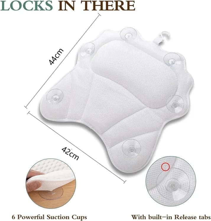 Underside of the white bath pillow showing six suction cups