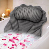 Grey ergonomic bath pillow with 4D air mesh surface for head neck and shoulder support