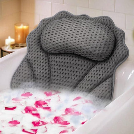 Grey ergonomic bath pillow with 4D air mesh surface for head neck and shoulder support