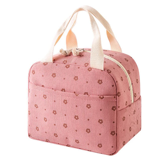 Corduroy insulated lunch bag with double zipper for picnics and work