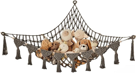 Toy storage hammock net for soft toys in dark grey