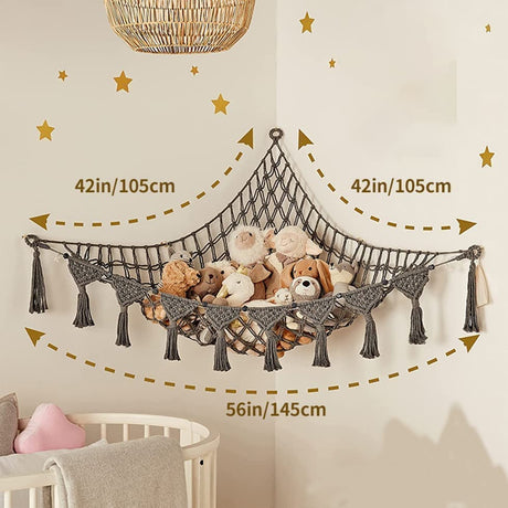 Toy storage hammock net for soft toys in dark grey