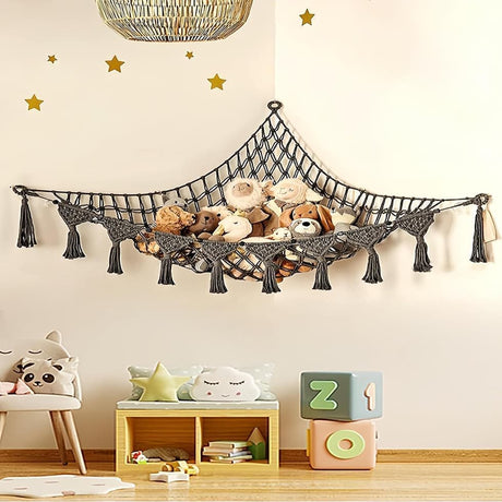 Toy storage hammock net for soft toys in dark grey