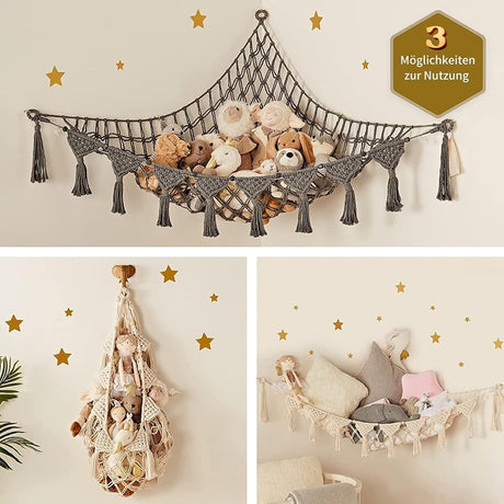 Toy storage hammock net for soft toys in dark grey
