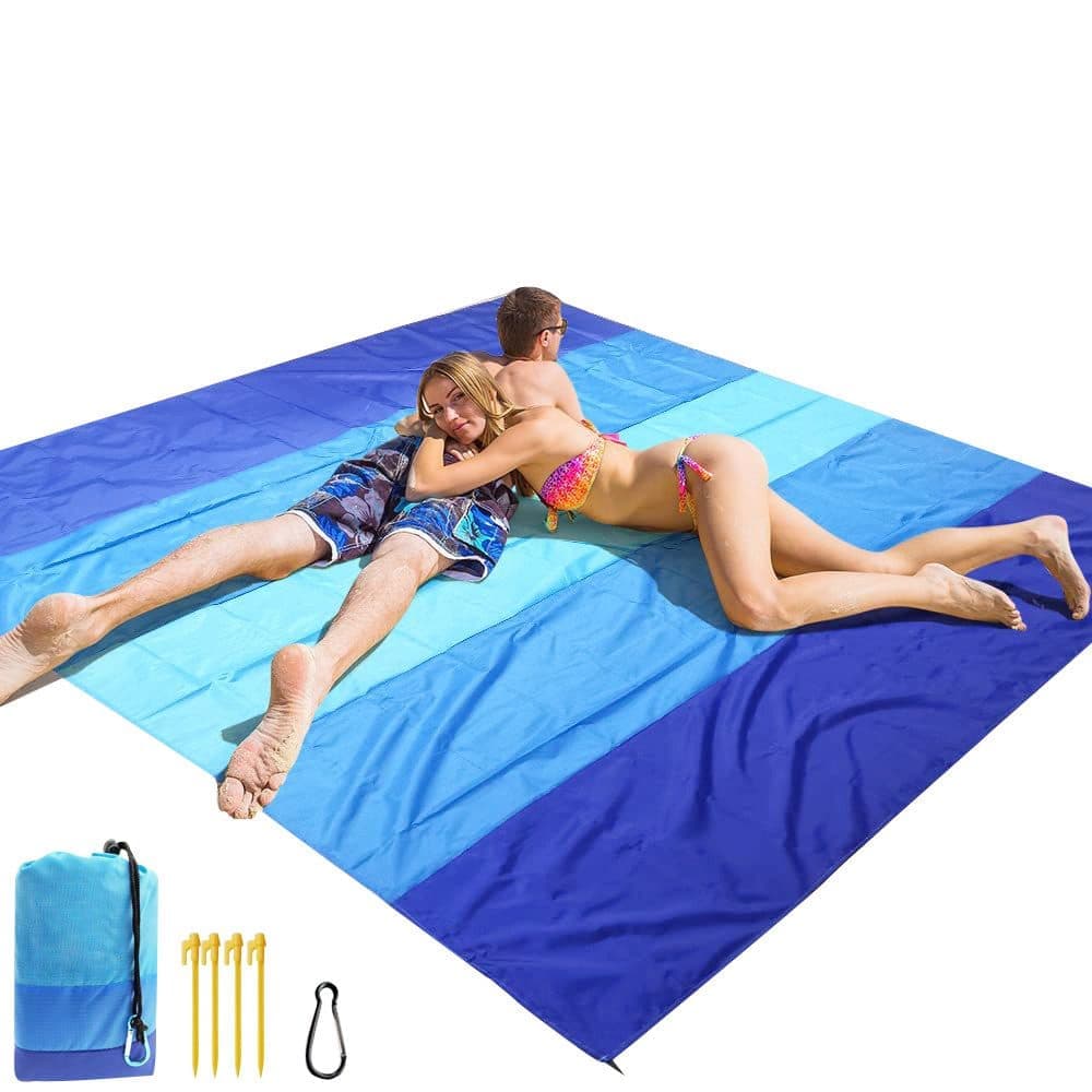 Braithwaite ultra light sand free beach blanket 210 x 200cm on sand with parachute nylon top, sand spikes and carabiner storage bag