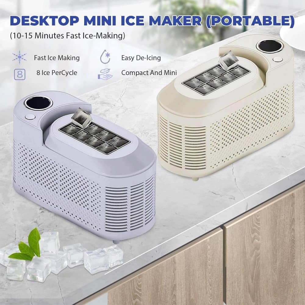 Purple portable ice maker with 12V car adapter cable for travel use
