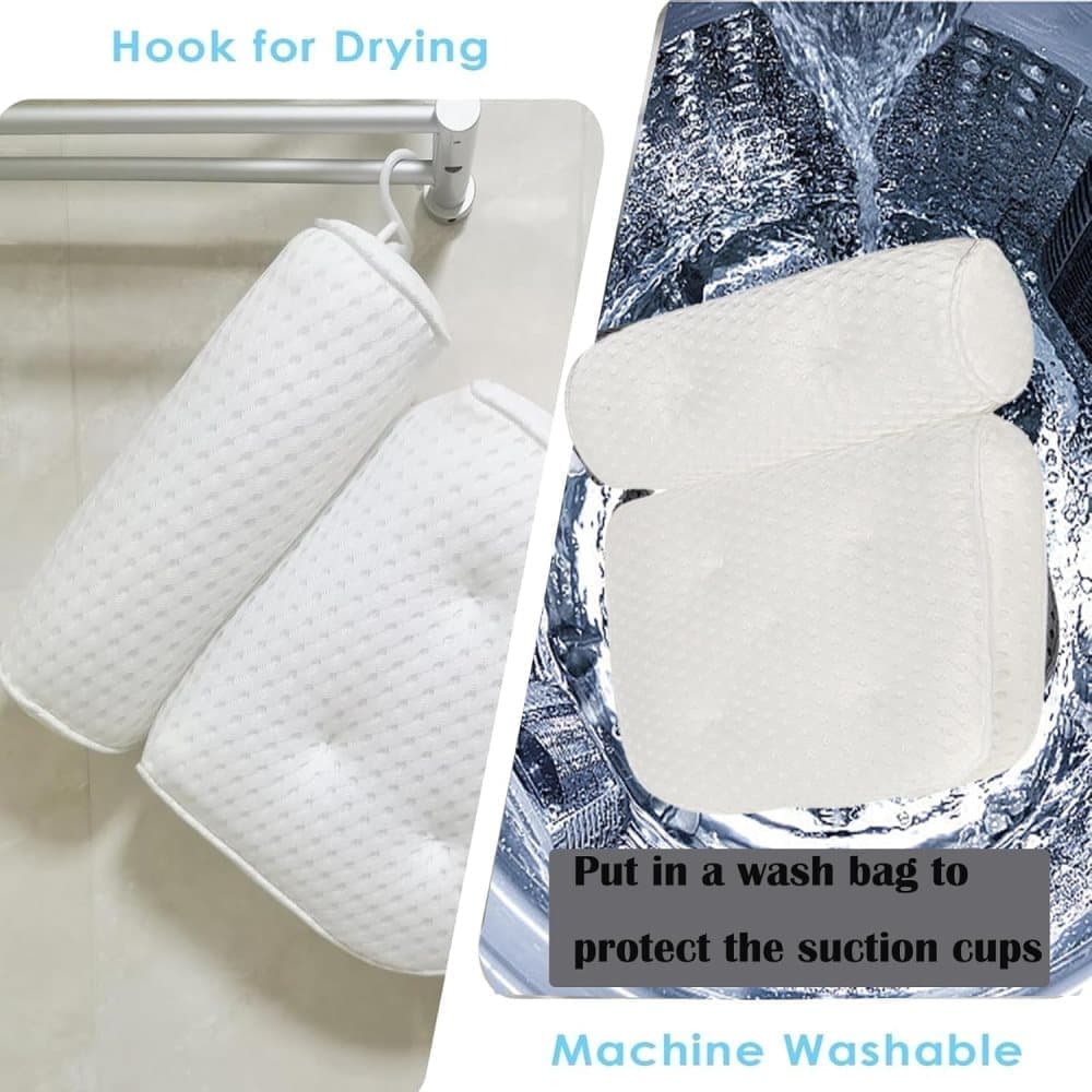 Bath pillow suctioned to a smooth bathtub surface ready for use