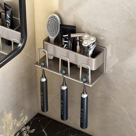 Cup stored upside down in the light grey toothbrush holder so water drains away