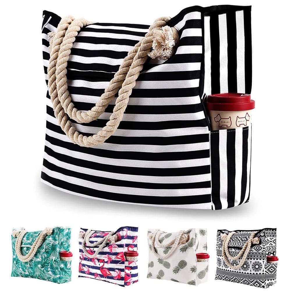Belves large canvas beach tote in black with jute rope handle