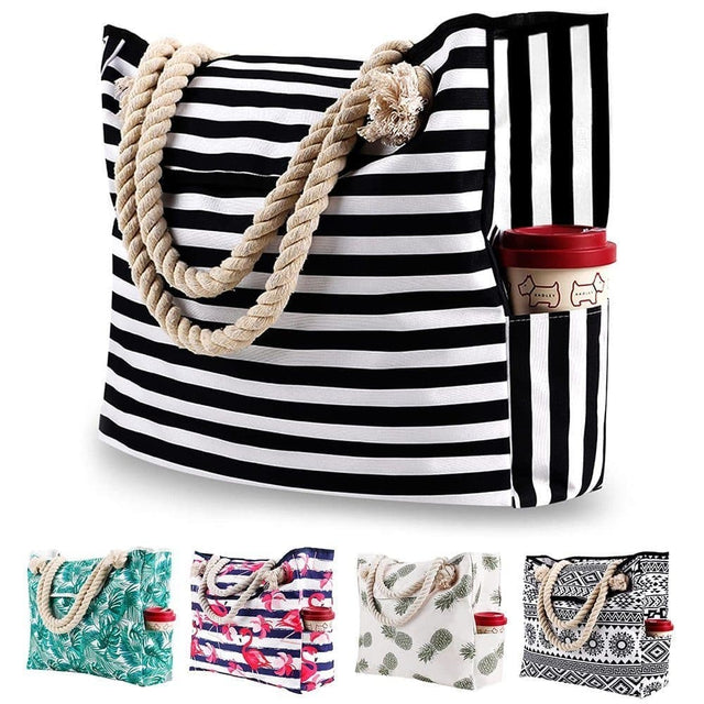 Belves large canvas beach tote in black with jute rope handle