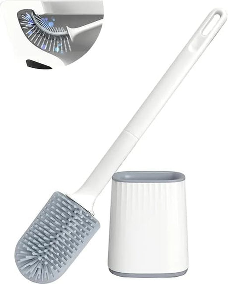 White silicone toilet brush and holder set with long handle, shown freestanding beside a toilet