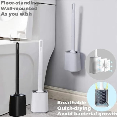 White toilet brush lifted from its ventilated holder showing the shallow drip tray