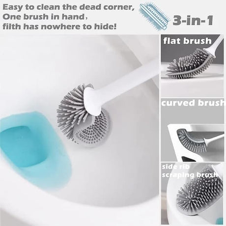 Silicone toilet brush head cleaning under the toilet rim with the long non slip handle