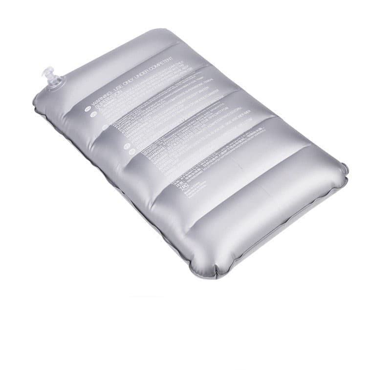 Grey plush lined inflatable camping and travel pillow