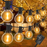 Warm white G40 globe string lights strung across an outdoor patio