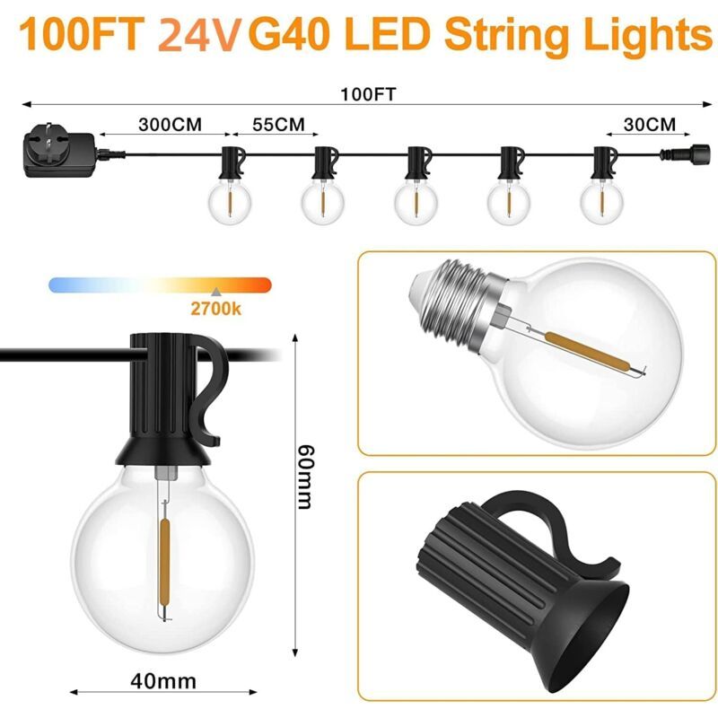 Polignano Outdoor String Lights, G40 Bulbs, 30m, Warm White