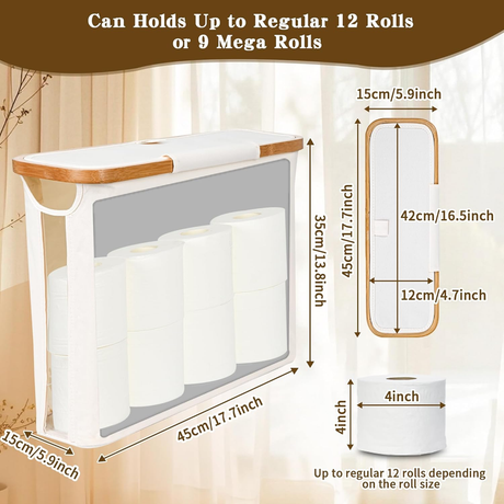 Beige toilet paper storage basket with lid, bamboo frame and clear window