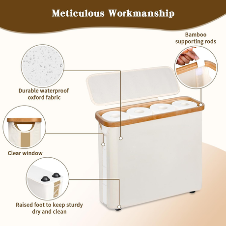 Beige toilet paper storage basket with lid, bamboo frame and clear window