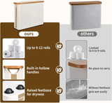 Beige toilet paper storage basket with lid, bamboo frame and clear window