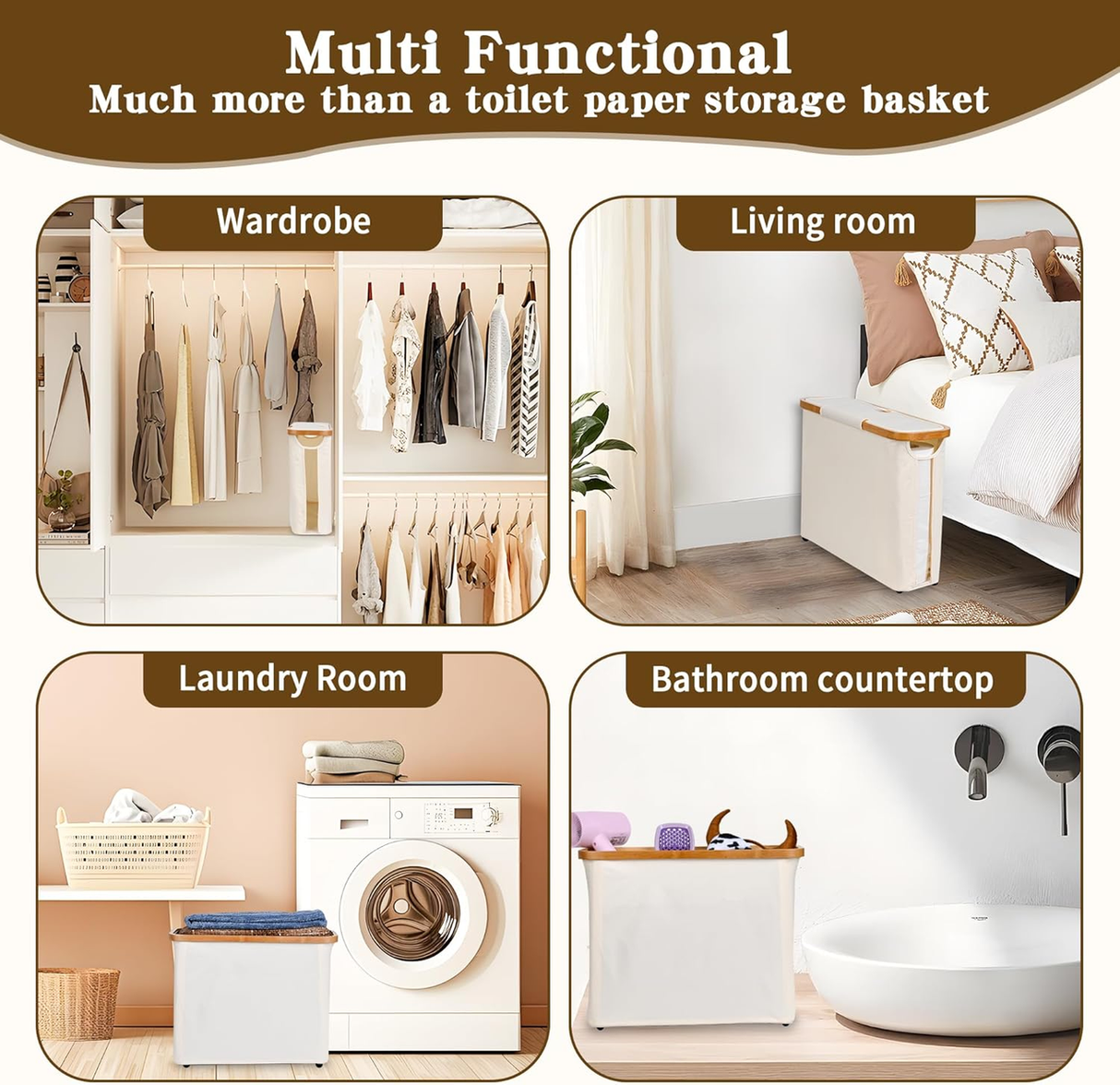 Beige toilet paper storage basket with lid, bamboo frame and clear window
