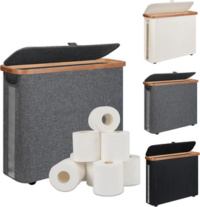 Gray toilet paper storage basket with lid, bamboo frame and clear window