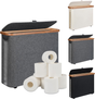 Gray toilet paper storage basket with lid, bamboo frame and clear window