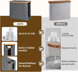 Gray toilet paper storage basket with lid, bamboo frame and clear window