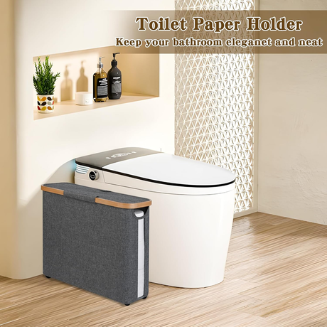 Gray toilet paper storage basket with lid, bamboo frame and clear window