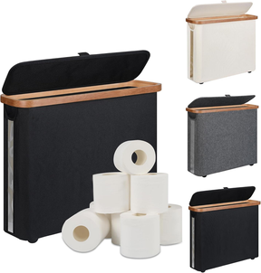 Black toilet paper storage basket with lid, bamboo frame and clear window