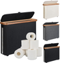 Black toilet paper storage basket with lid, bamboo frame and clear window