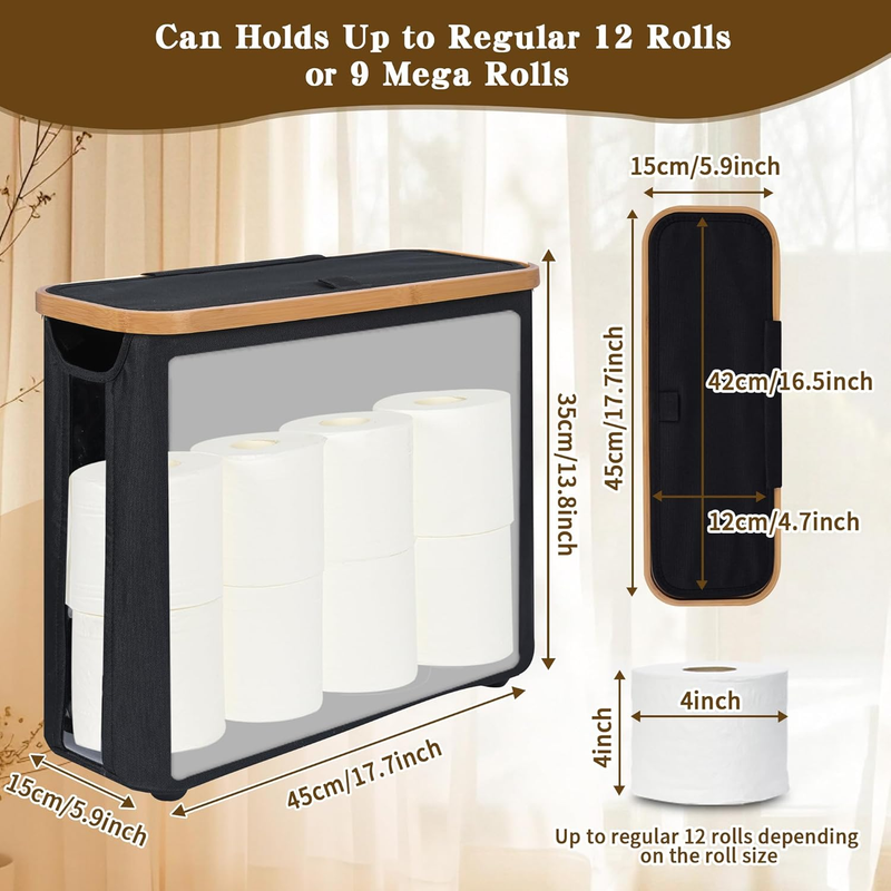 Black toilet paper storage basket with lid, bamboo frame and clear window