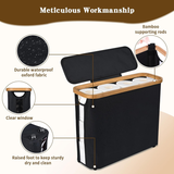 Black toilet paper storage basket with lid, bamboo frame and clear window
