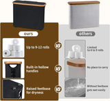 Black toilet paper storage basket with lid, bamboo frame and clear window