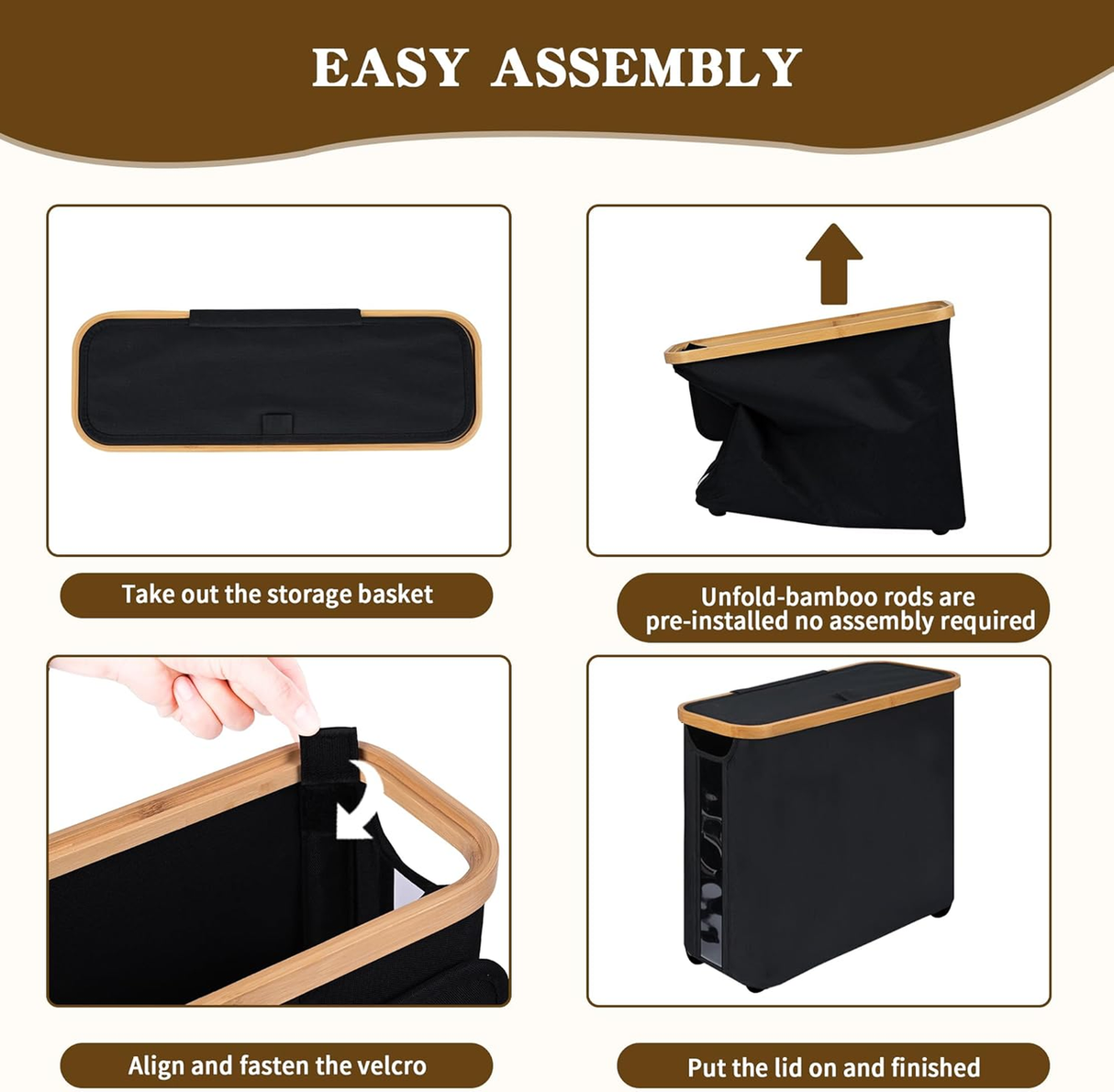 Black toilet paper storage basket with lid, bamboo frame and clear window