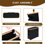 Black toilet paper storage basket with lid, bamboo frame and clear window