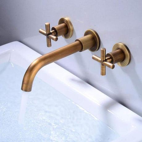 Wall mounted double handle basin mixer tap in antique black brass