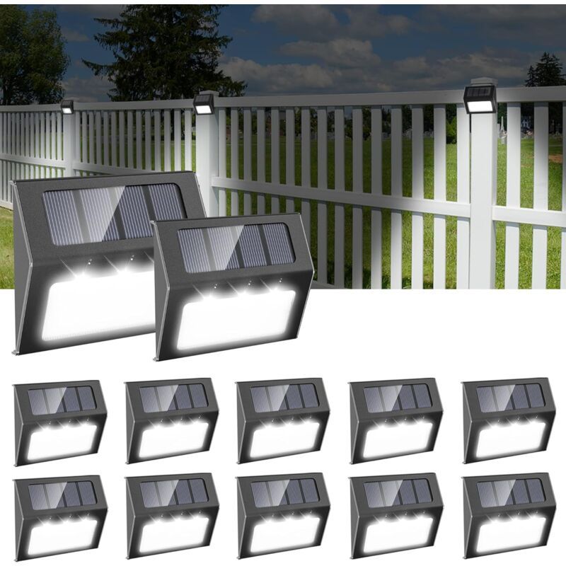 Cool white solar stair lights mounted along garden steps at dusk