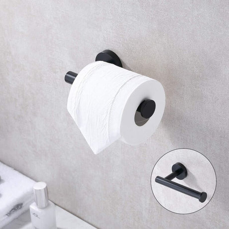 Matte black toilet roll holder shown mounted horizontally on a tiled wall