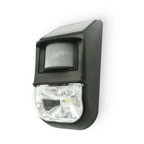 Solar motion sensor wall light mounted beside an outdoor doorway